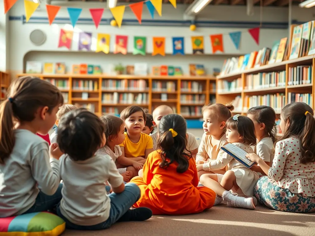 A vibrant image depicting children participating in a storytelling session at the BIBLIOTHEQUE MUNICIPALE, showcasing the educational initiatives of ASSOC DES AMIS DE LA LICORNE.