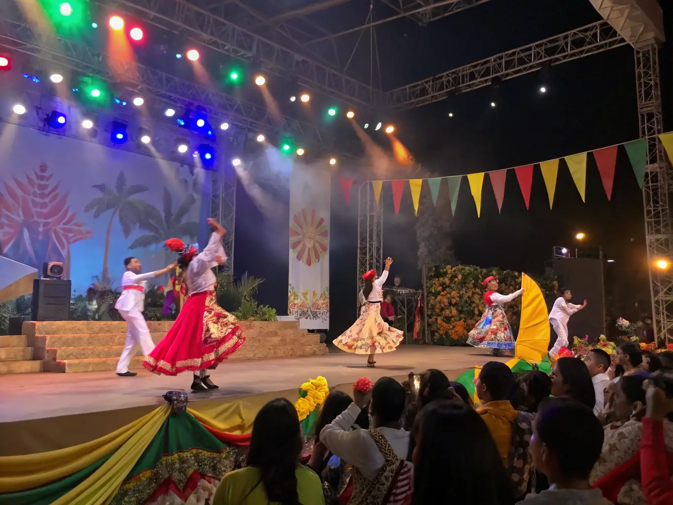 A photograph capturing a lively cultural event organized by ASSOC DES AMIS DE LA LICORNE, featuring traditional music and dance performances.