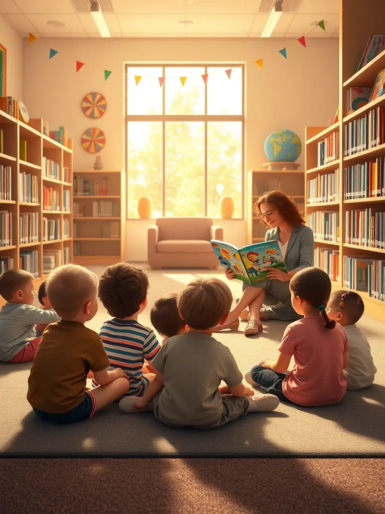 A photograph of children participating in a storytelling session at the library, with a librarian reading aloud from a book. The image should convey a sense of engagement and learning.