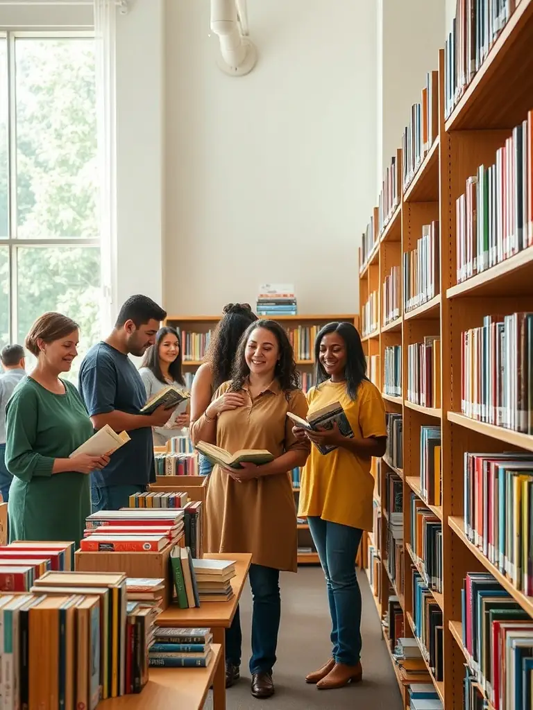 A photograph of volunteers organizing books and assisting patrons at the library, with shelves of books in the background. The image should convey a sense of service and dedication.