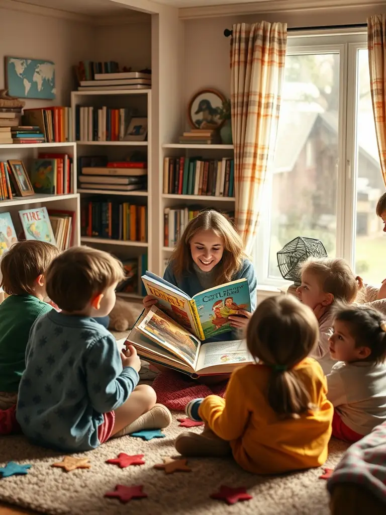 A group of children attentively listening to a storyteller in the Bibliotheque Municipale, surrounded by books, emphasizing the intellectual growth fostered by ASSOC DES AMIS DE LA LICORNE's programs.