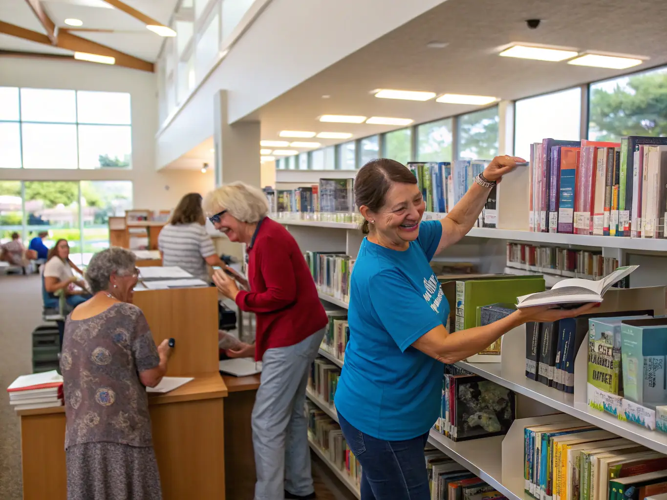 A heartwarming image showing volunteers from ASSOC DES AMIS DE LA LICORNE assisting elderly residents with library services, highlighting the organization's commitment to community outreach.