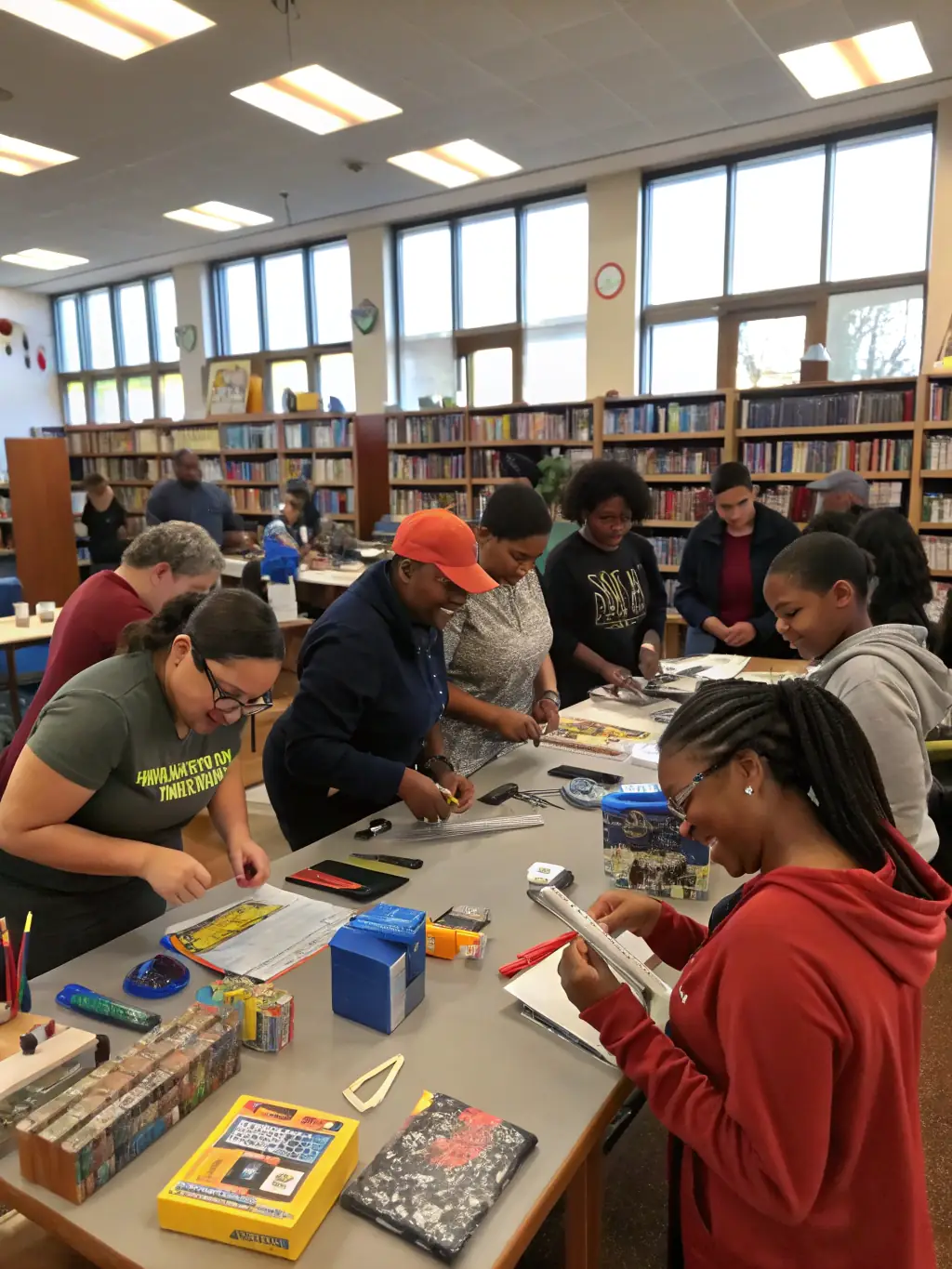 A diverse group of people participating in a workshop at the Bibliotheque Municipale, demonstrating the inclusive and educational environment promoted by ASSOC DES AMIS DE LA LICORNE.
