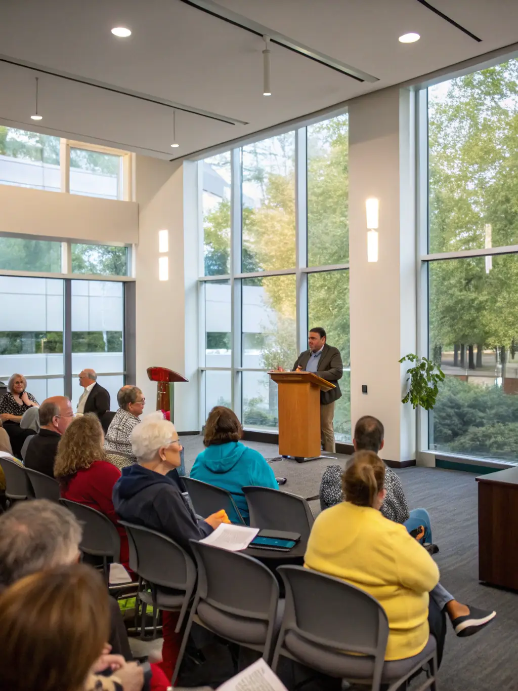 A photograph of adults attending a historical lecture at the library, with a speaker presenting information on a historical topic. The image should convey a sense of intellectual stimulation and community engagement.